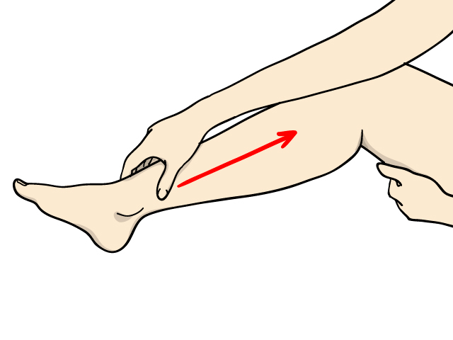 足首から膝に向かって骨に沿うように足の筋肉をもみほぐす